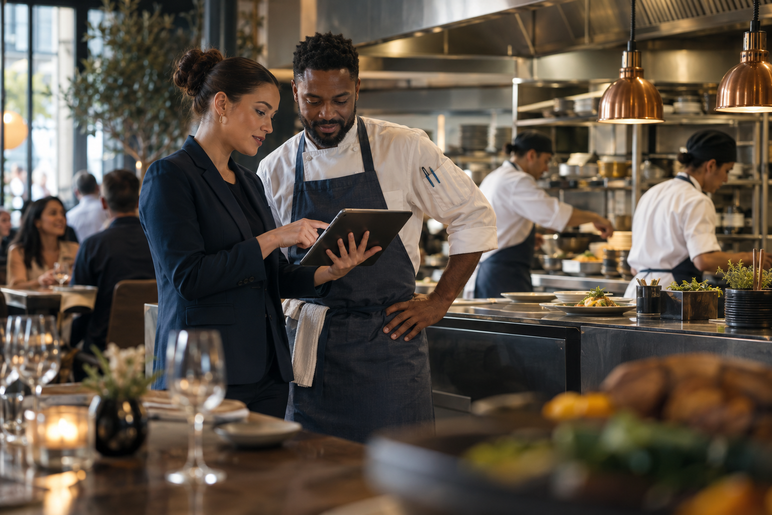 A restaurant manager and chef reviewing service information on a tablet