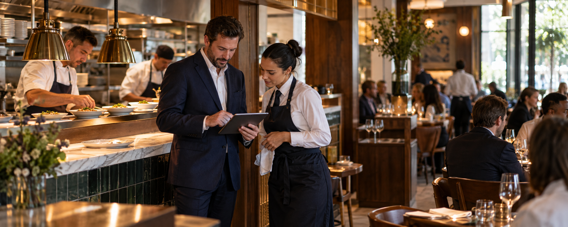 Hospitality team members coordinating service at the pass